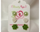 Green Pearl, White Rose, and Green Orchid Earring Mix