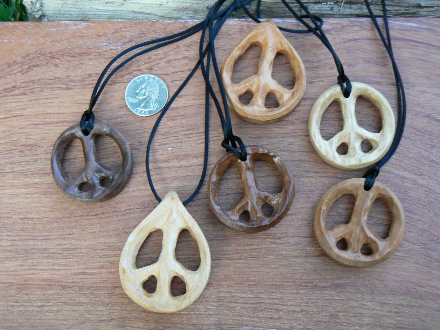 Carved wood peace sign pendant. Peace sign necklace. Wood peace symbol beads.