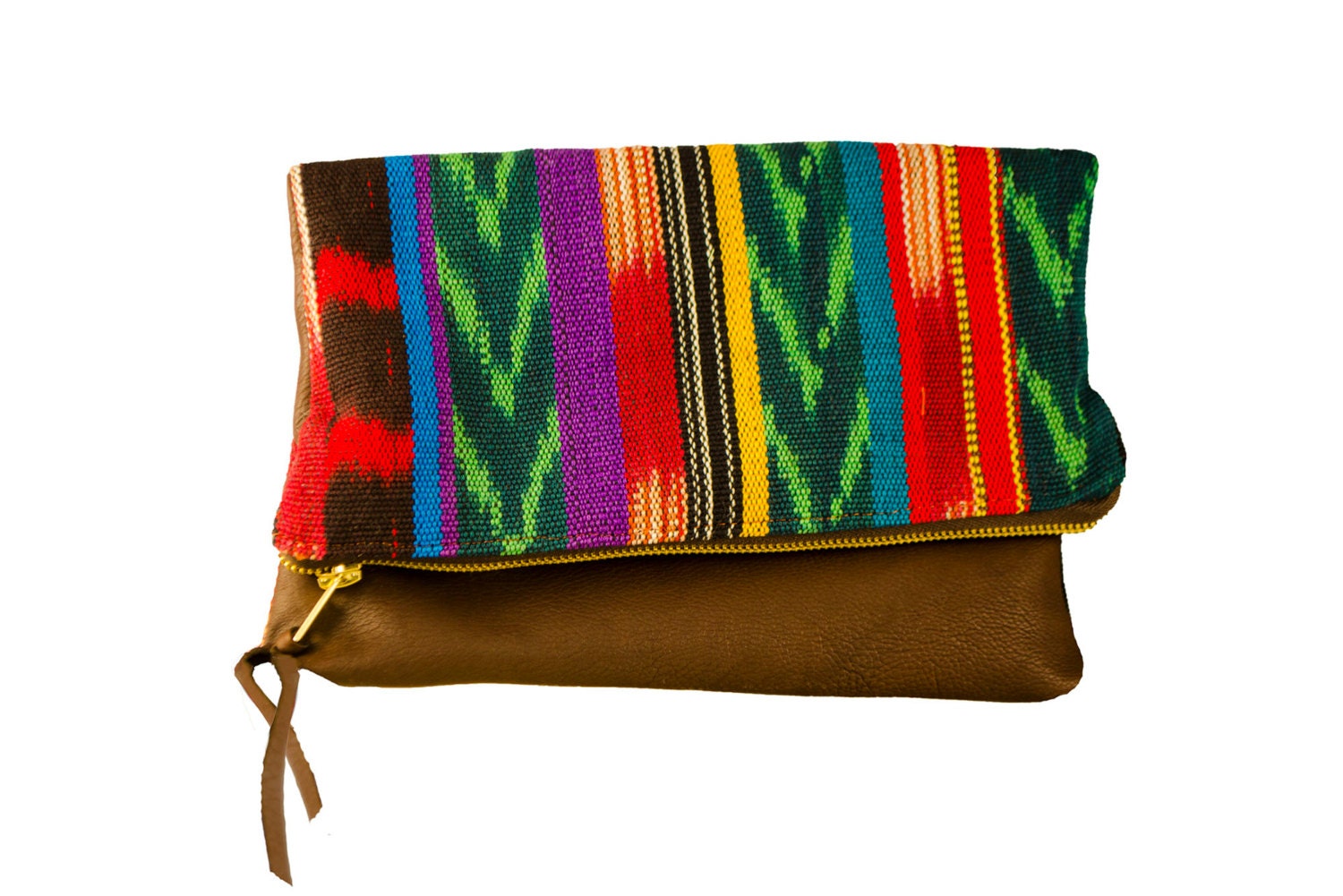 Chocolate Leather and Woven Guatemalan Ikat Fabric Clutch Purse with Brass Zipper