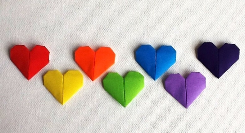 Origami hearts, handmade paper hearts, set of 7 hand folded hearts in rainbow colours