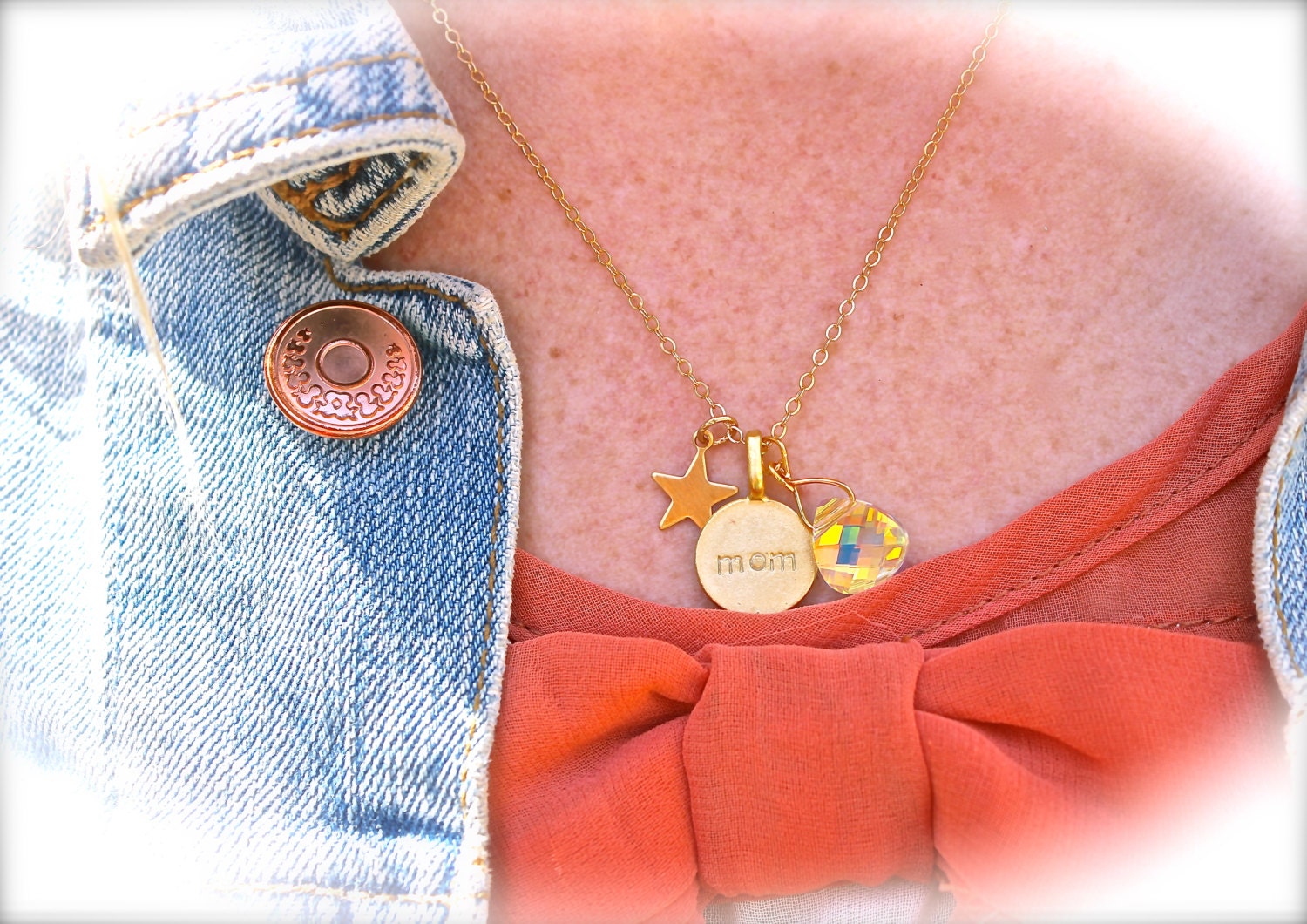 Gold MoM Necklace  Sheer Swarovski Briolette Crystal- Star  on 14K Gold Fill Chain-  Mom Engraved Mother's Day Love- Organic design