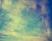 Fine Art Photography Print, Cosmic Sky, Red Barn, Farm under Universe, Blue and Yellow Clouds, Stars, Corn Field - 16 x 16 Print