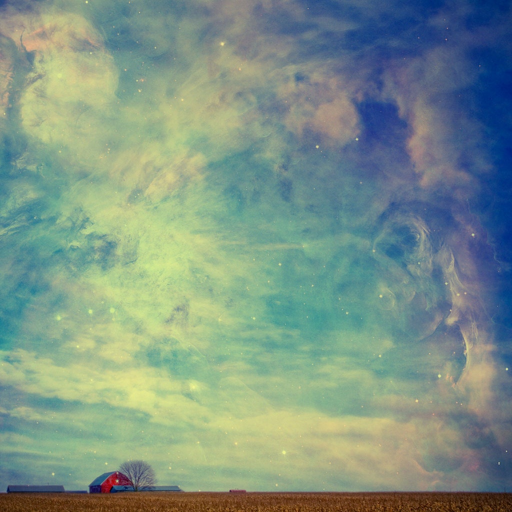 Fine Art Photography Print, Cosmic Sky, Red Barn, Farm under Universe, Blue and Yellow Clouds, Stars, Corn Field - 16 x 16 Print