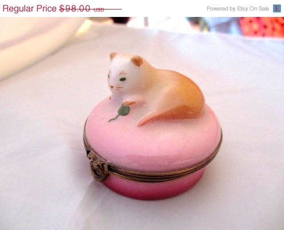 Pink Limoges Kitten Trinket Box Castel Hand Painted Porcelain
