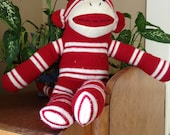 Vintage 70s Sock Monkey Doll, Red and White Stripes, Animal RARE