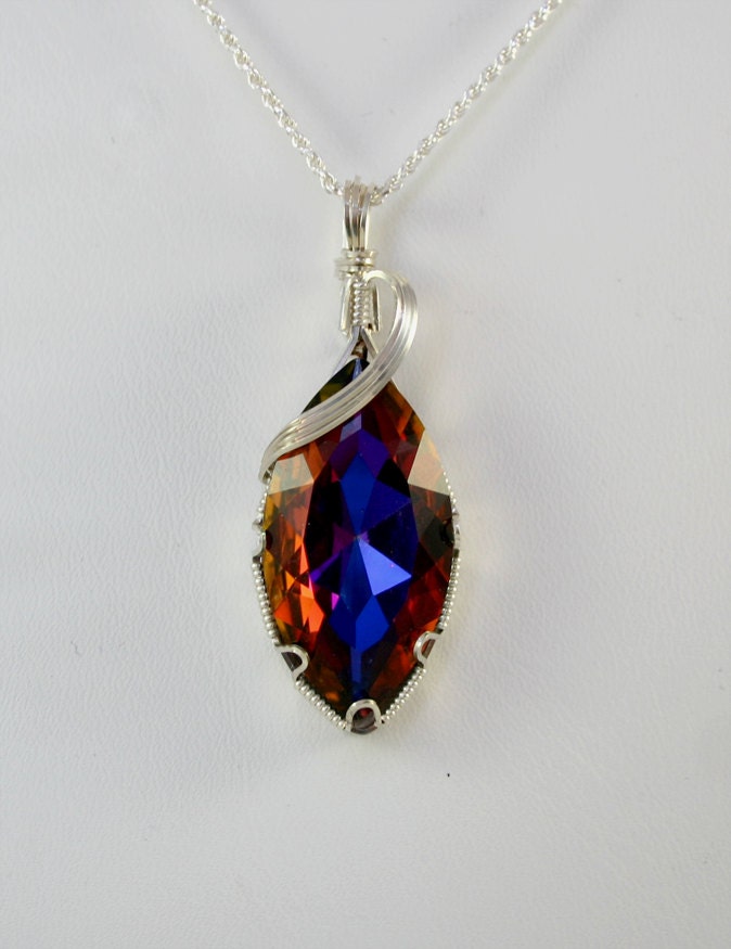 Volcano Swarovski Faceted Marquise Wire Wrapped Pendant in Sterling Silver