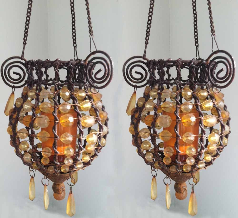 The Rustic Rusted Amber Jewels Hanging Indoor/ Outdoor Candle Holders (Set of 2)