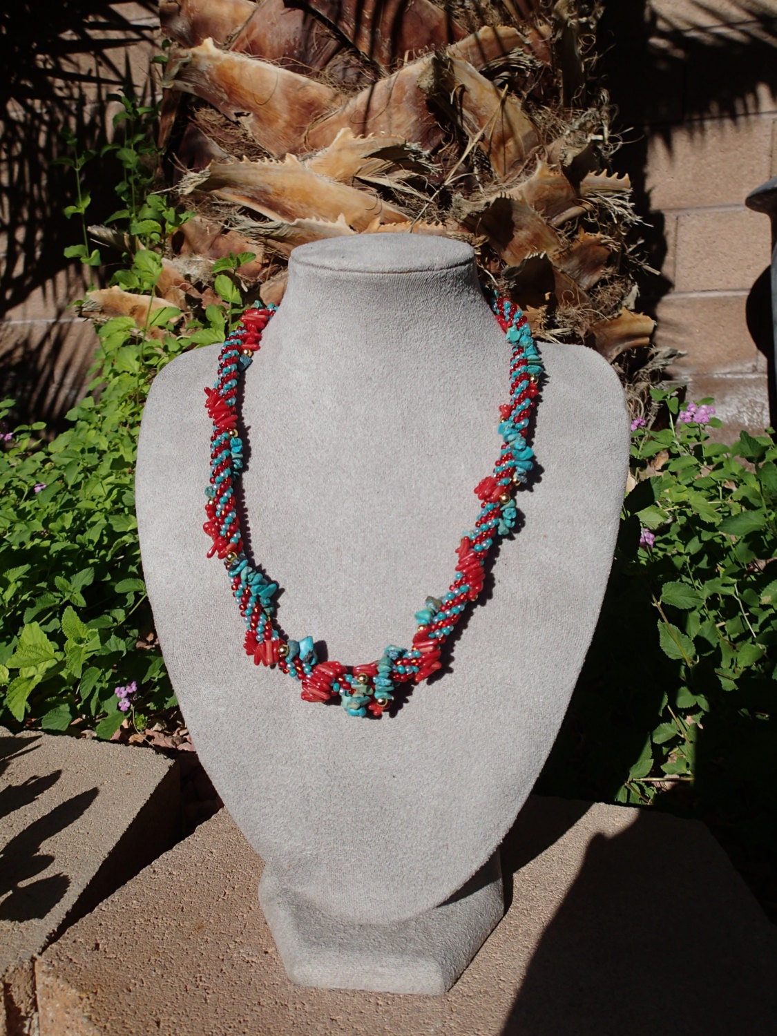 Surf & Turf Beaded Kumihimo Necklace With Coral and Turquoise