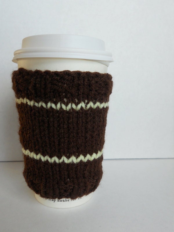 Brown coffee cup cozy with yellow stripes,  knitted coffee cup sleeve for HIM, coffee sweater, wrist warmer