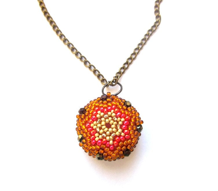 Brown Beaded Pendant Red Orange Gold Beading  Necklace with Toho Beads Silver Glass Gift Classic Elegant Stylish