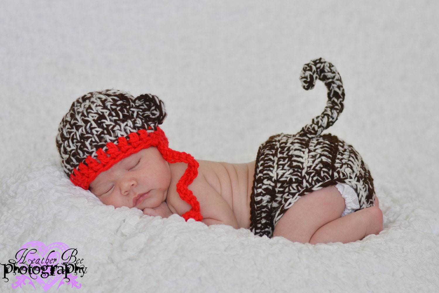 Crochet Brown Sock Monkey Hat with ties  and Diaper cover set with Tail Boy or Girl preemie newborn, 0-3 month, 3-6 month