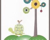 Children's Art Print, Turtle and Tree, Boy, Girl, Childrens Room, Home Decor, Collage, Green, Yellow, 8 x 10 Print