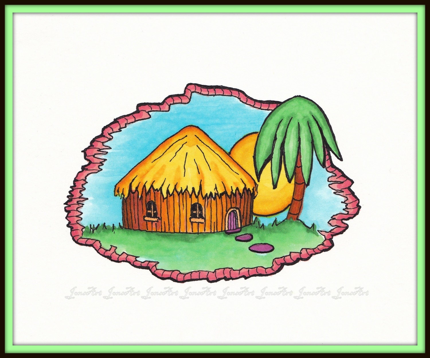 Caribbean Wall Art, Copic Markers, Island Cottage, Kids Illustration, Childrens Room, Home Decor, Orange, Green, Yellow, 8 x 10 Print