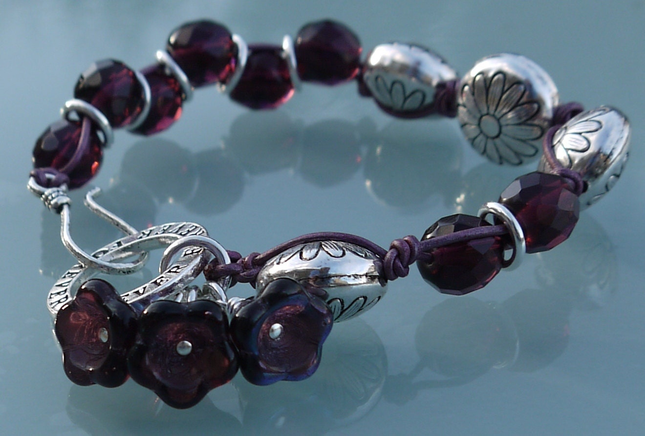 Purple and silver mixed media handmade bracelet