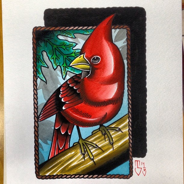 Traditional Tattoo Flash Watercolor Cardinal