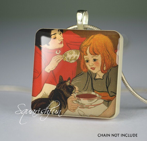 Girl and cat resin pendant, photo pendant, jewelry pendant,necklace pendant, scrabble tile pendant- N0073