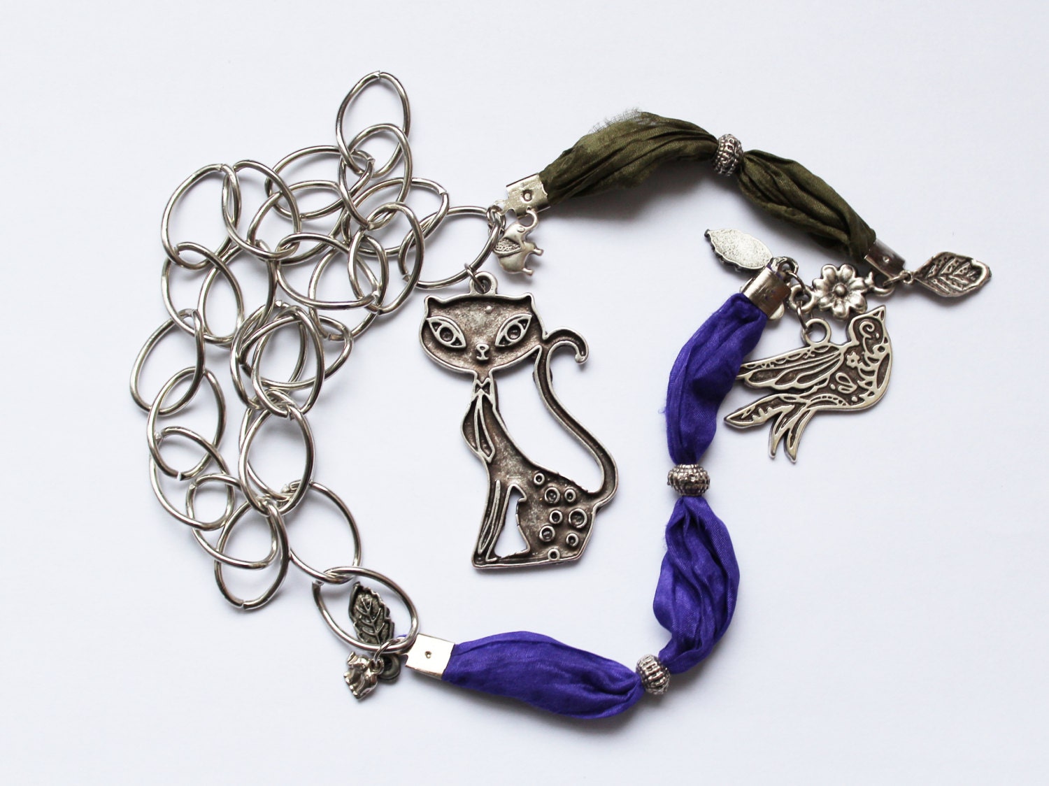 FREE SHIPPING (uk) Cat and Bird Long Necklace - Purple and Green Textile - Multi Color and Multi Use Handmade Super Unique Jewelry