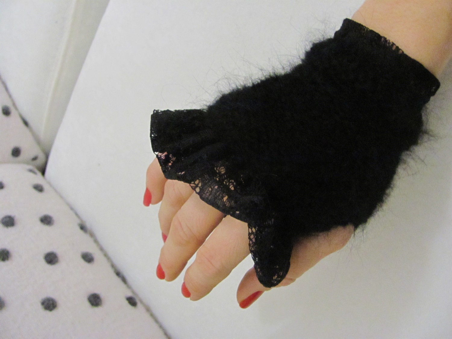 frilly lace fingerless gloves are handmade