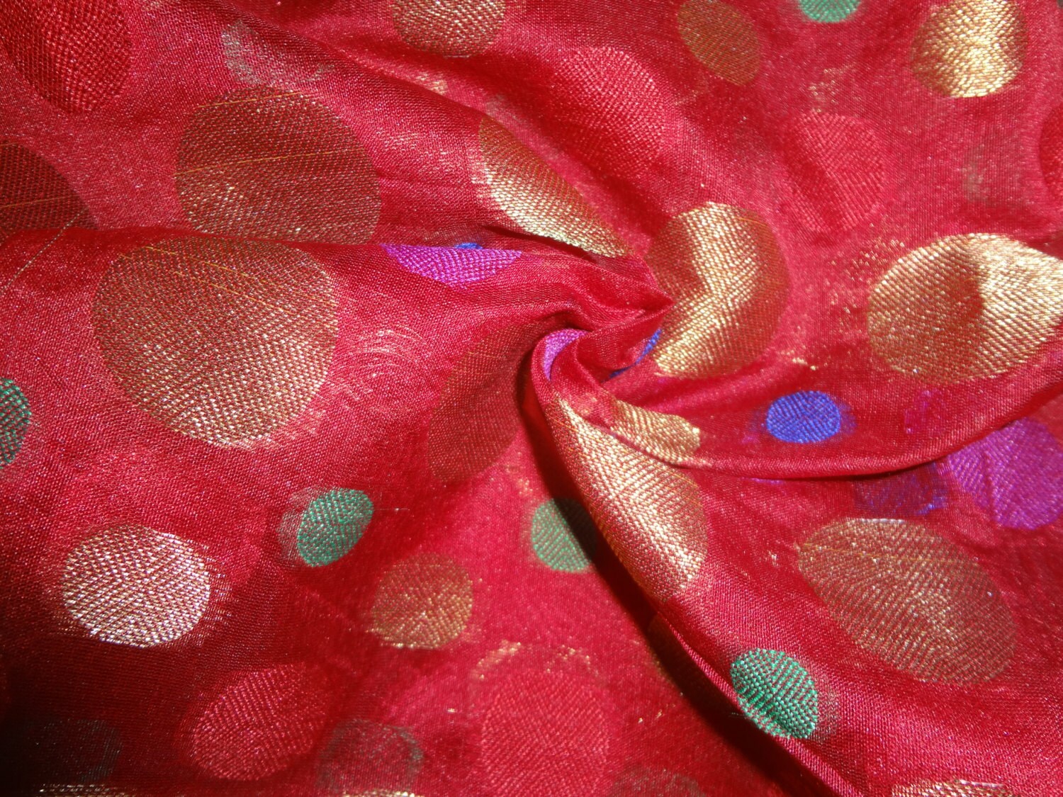 Red multi polka dots chanderi cotton silk fat quarter india