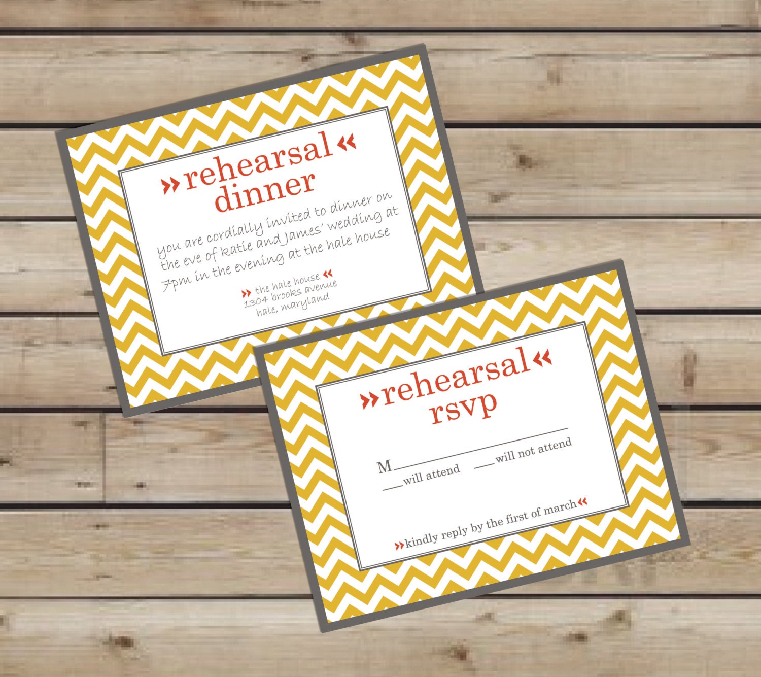 DIY chevron graphic rehearsal dinner invitation and response cards