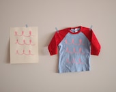 2T Scallop Scribble Handmade Original Screen Print  Pink Wave Print on a Three Quarter Sleeve Raglan Shirt  Blue with Red