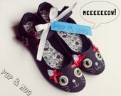 Cute cat kawaii shoes / Adorable kitty black canvas mary janes / Pretty quirky womens flats with red ribbon bows UK Size 6 (Euro 39, US 8)