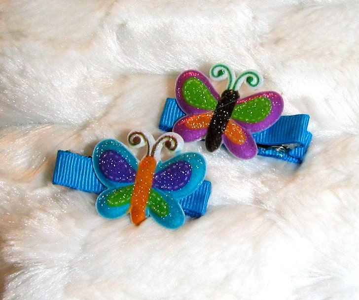 Cute Butterfly Girls Hair Clips with Turquoise, Purple and Green Butterflies on a Turquoise Ribbon Wrapped Clip & a Touch of Micro Glitter