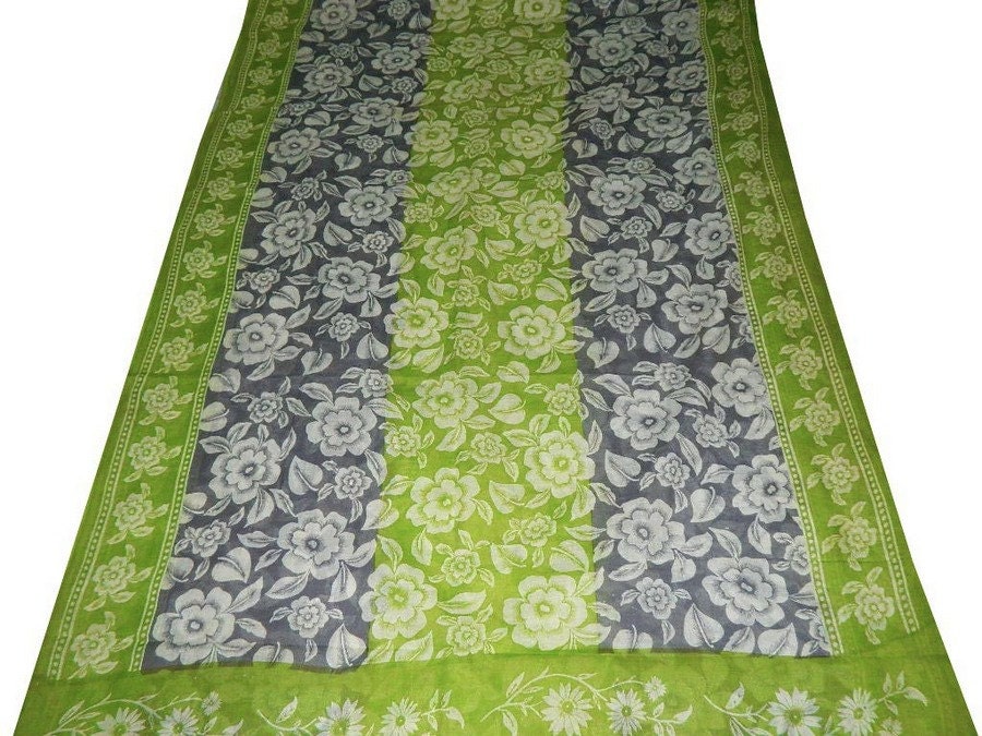 Pure Cotton Vintage Green Saree Used Wrap Home Decor Scrap Sewing Recycled Floral Fabric Women Dress Printed Crafted Summer Wear Sari