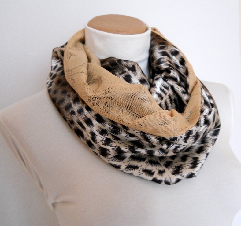 Brown Black Satin fabric-Leopard-Lace Beige-Elegant Infinity Scarf-Loop Scarf-Circle Scarf -Super Loop-Mothers Day Gift