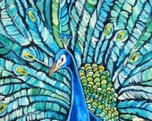 Green, Blue, and Yellow Peacock w/ Feathers Art - "Audubon Peacock" by New Orleans Artist, MC Romaguera - Print Includes 11"  by 14" Matte