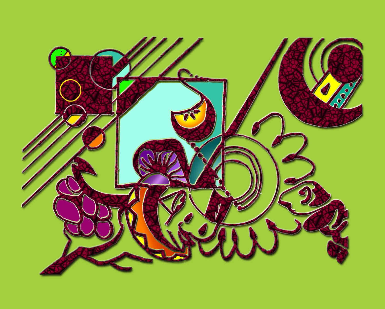Mushrooms & Grapes 11X14 Digital Ilustration matted