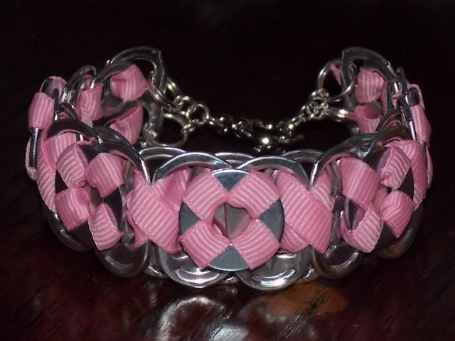 NEW ITEM- Soda Tab Bracelet with Washers and Ribbon- Upcycled/Recycled Jewelry/Pink Ribbon/Breast Cancer Awareness- Pink- Under 20- For Her
