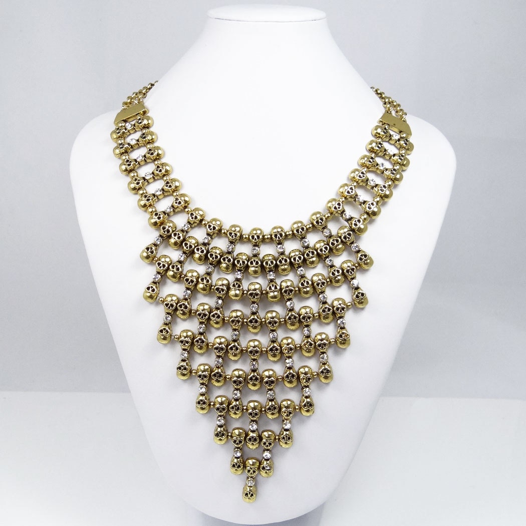Vintage Inspired Lots Layer Hollowen Skulls Swarovski Crystal Necklace with Antiqued Gold Tone chain, Uniqued Design, Bold Jewelry-151678313