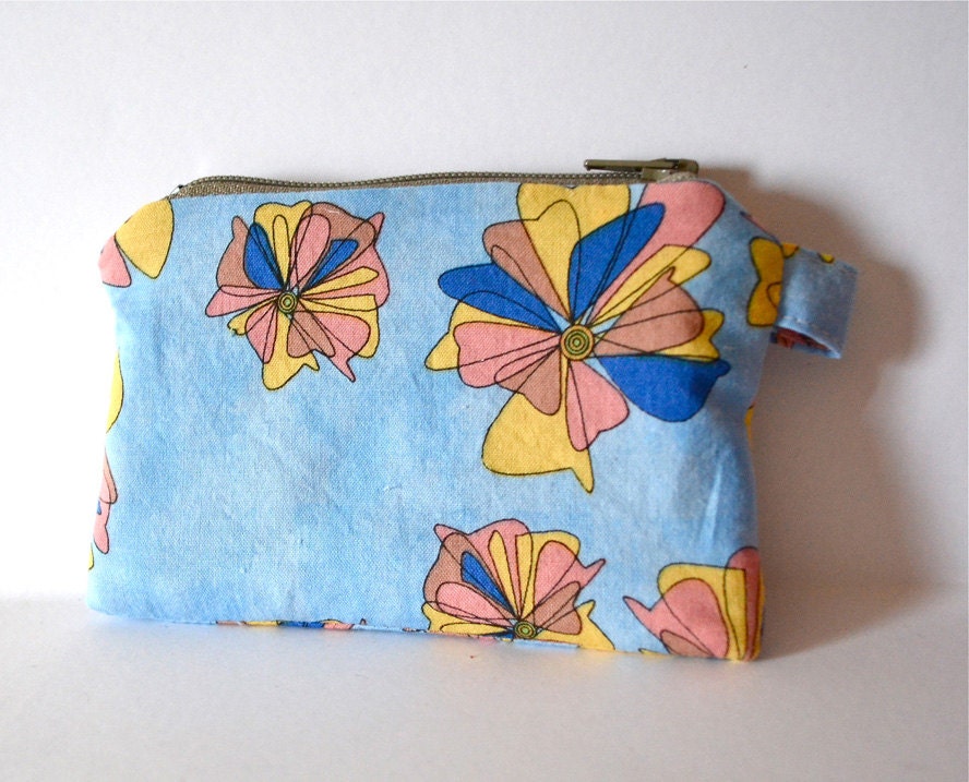 Blu Wave ... blue yellow salmon padded lined cotton zipper pouch wallet