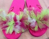 Girls Flip Flops hot pink with pink and lime green tulle summer shoes beach wear flip flops