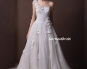 Glamorous Handmade Flowers One Shoulder Tulle A-line Corset Back Wedding Dresses, Wedding gowns, Bridal dresses, Bridal gowns