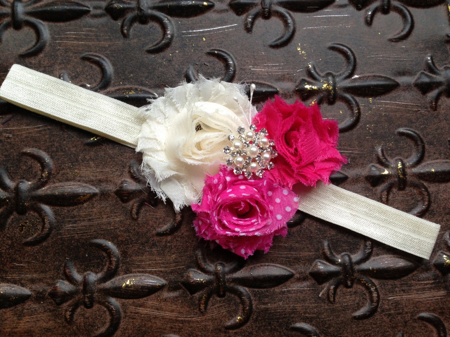 Pink Flower Girl Headband, Ivory Flower Girl Hair Accessory, Pink Flower Girl Head Piece, Shabby Flower Girl Halo, Flower Girl Head Wreath