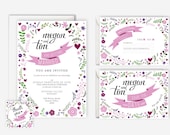 Secret Garden Purple Floral Design Wedding Invitation Suite (Printable) - save the date, rsvp, reply, favor tag, wedding stationery set