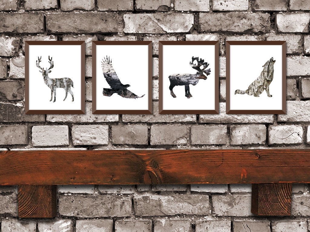 Set of 4 Rustic Woods Collection / Animal Print / Nature Art / Cabin Decor
