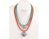 beaded necklace made of turquoise and serpentine stones, glass beads, copper heart pendant and swarovski crystals- handmade women jewelry