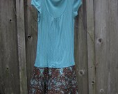 Small - medium Upcycled Summer Dress Short sleeved Teal Brown Boho Romantic Eco Gypsy Fashion