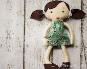 Handmade Child-Friendly Fabric Doll with Dark Brown Felt Hair and Blue Eyes - Removable Green Dress -  Ready to Ship