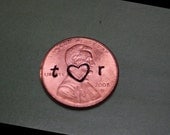 TWO Custom Made To Order Hand Stamped Pennys Pennies Initial Heart Wedding Favors