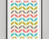 Chevron Peach, Blue, Lime A2, Geometric Art Print, Nursery Art, Kitchen Print, Home Art Wall Decor, Retro Poster