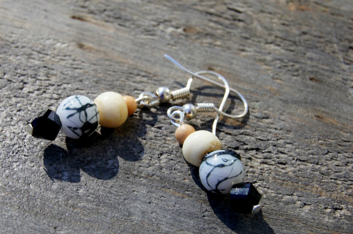 FREE SHIPPING Glass, Bone & Black Crystal  Dangle earrings OOAK