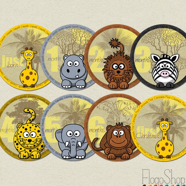 Baby month milestone stickers Safari themed printable circles / Africa zoo jungle wild animals newborns, kids / lion zebra giraffe hippo Il_170x135