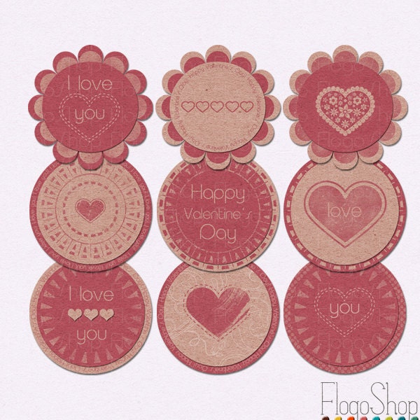 Valentine's Day printable party decoration Cupcake toppers Circles Stickers Favor tags Magnets Pink hearts DIY Il_570xn