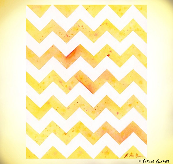 Sunset Chevron, Yellow Chevron, Orange Chevron, 5x7", Giclee Print, Watercolor painting by Suisai Genki, Yellow, Orange, Red