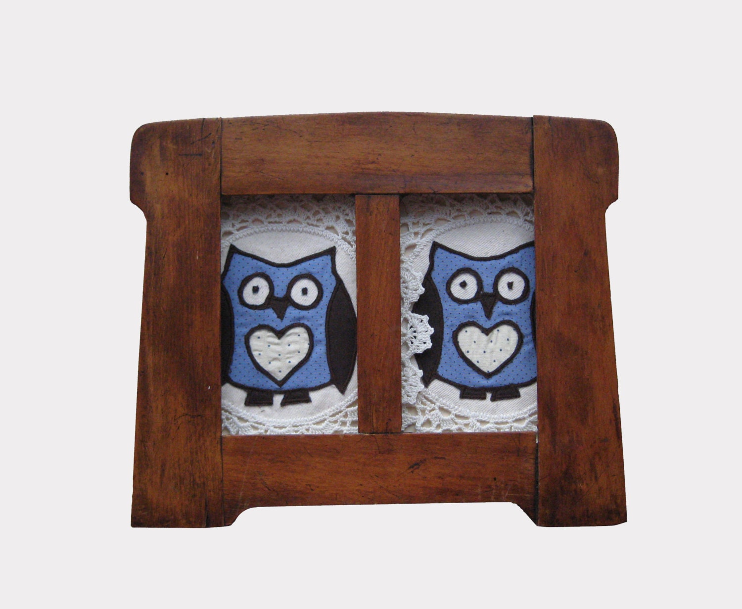 Blue dark brown polka dot owl heart crocheted fabric table doilies coasters Cottage modern whimsical dining table kitchen decor Set of 2