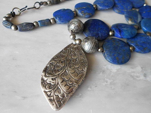 Tribal Jewelry - Lapis Lazuli Necklace - Tibetan Blue Green Agate Pendant with Unique Silver Stering Case - Reversible Pendant